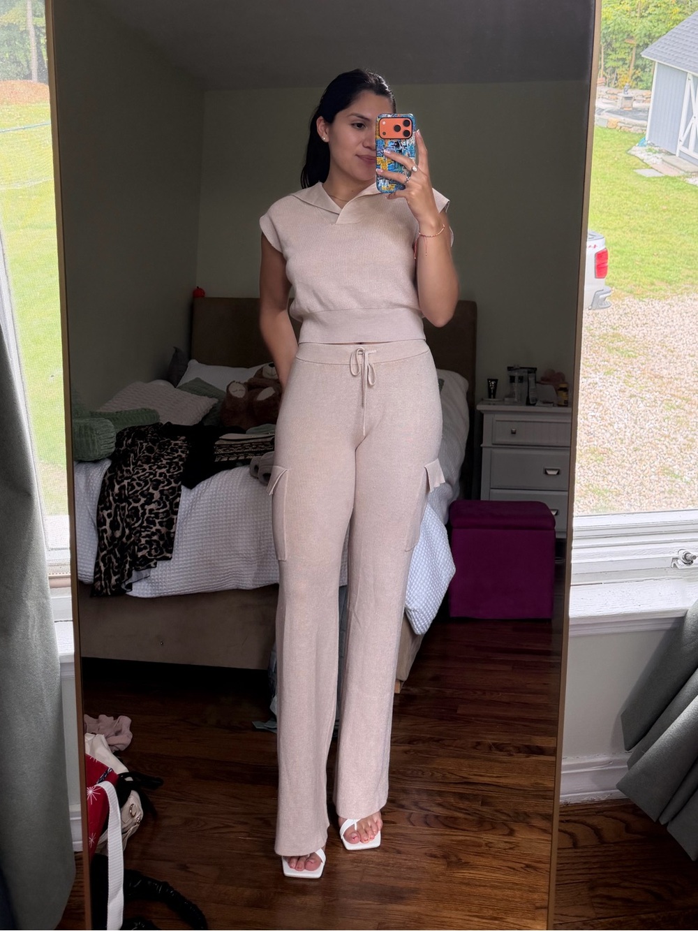 Pink Rose Soft Knit Cargo Jogger Set - Beige